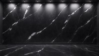 The primary subject of the image is a marble wall with a black background. The setting is a room with a black marble floor. The visual style is a photo, and the colors and mood are dark and moody.