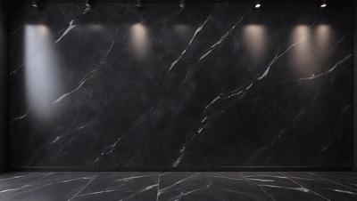 The primary subject of the image is a black marble wall. The setting is a room with a black marble wall, and the visual style is a photo. The dominant colors are black and grey, creating a sleek and modern atmosphere.