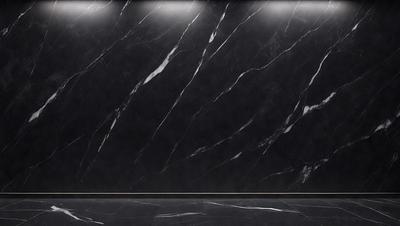 The primary subject of the image is a black marble wall with a pattern of white and grey veins. The setting is a room with a black marble floor, and the visual style is a close-up of the marble wall. The colors and mood of the image are dark and dramatic, with the black marble creating a striking contrast against the white and grey veins.