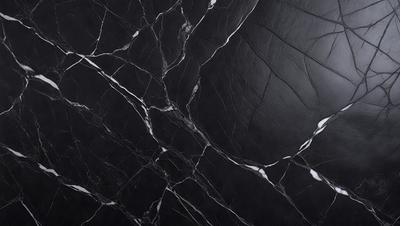 The primary subject of the image is a marble countertop with a black and white pattern. The setting is a kitchen, and the visual style is a close-up of the marble countertop. The colors and mood of the image are predominantly black and white, giving it a classic and elegant appearance.