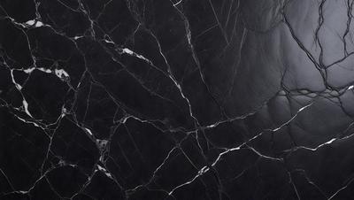 The primary subject of the image is a close-up of a black marble countertop. The setting is a kitchen, with the countertop being the main focus of the scene. The visual style is a photo, capturing the intricate details of the marble surface. The colors and mood of the image are predominantly dark, with the black marble providing a striking contrast against the black background.