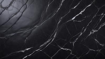 The primary subject of the image is a black marble countertop. The setting is a kitchen, with the countertop being the main focus of the scene. The visual style is a close-up of the marble countertop, showcasing its texture and pattern. The colors and mood of the image are dark and moody, with the black marble countertop being the dominant color.