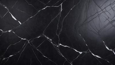 The primary subject of the image is a black marble wall with a white pattern. The setting is a dark room, and the visual style is a close-up of the marble wall. The colors and mood of the image are predominantly dark, with the black marble and white pattern creating a striking contrast.