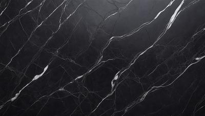 The primary subject of the image is a black and white marble wall with a pattern of white lines. The setting is a dark room, and the visual style is a close-up of the marble wall. The colors and mood of the image are predominantly dark, with the white lines on the marble wall providing a contrasting element.