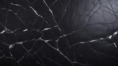 The primary subject of the image is a black marble countertop with a white vein running through it. The setting is a kitchen, and the visual style is a close-up of the marble countertop. The colors and mood of the image are predominantly black and white, giving it a classic and elegant appearance.
