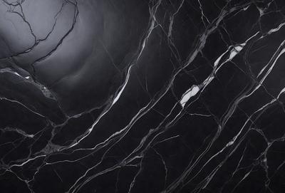 The primary subject of the image is a black marble countertop with a white vein running through it. The setting is a dark room, and the visual style is a close-up of the marble countertop. The colors and mood of the image are predominantly dark, with the white vein in the marble providing a contrasting element.