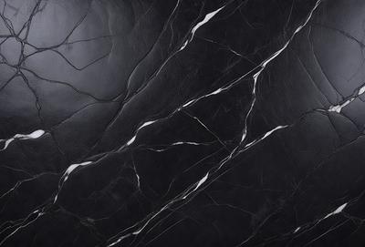 The primary subject of the image is a black and white marble pattern. The setting is a black background, and the visual style is a close-up of the marble pattern. The colors and mood of the image are predominantly black and white, giving it a classic and elegant appearance.