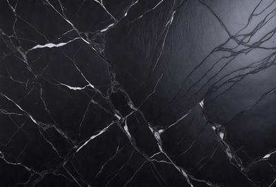 The primary subject of the image is a black marble countertop with a white vein running through it. The setting is a kitchen, and the visual style is a close-up of the marble countertop. The colors and mood of the image are predominantly black and white, giving it a sleek and modern appearance.