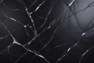 The primary subject of the image is a black and white marble tile. The setting is a black background, which highlights the marble tile. The visual style is a close-up of the tile, showcasing its texture and pattern. The colors and mood of the image are predominantly black and white, giving it a classic and elegant appearance.