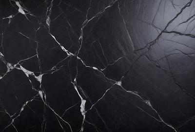 The primary subject of the image is a black marble countertop with a white pattern. The setting is a kitchen, and the visual style is a close-up of the marble countertop. The dominant colors are black and white, creating a sleek and modern atmosphere.
