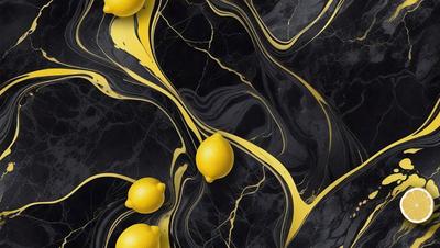 The primary subject of the image is a close-up of a lemon, which is placed on a black and yellow background. The setting appears to be a painting or a digital artwork, as the colors and mood are vibrant and lively. The visual style is a mix of realism and artistic expression, creating a unique and eye-catching composition.