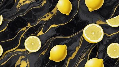 The primary subject of the image is a close-up of a lemon, which is placed on a black and gold marbled surface. The setting is a patterned background, and the visual style appears to be a combination of a photo and a digital art or illustration. The dominant colors are black, gold, and yellow, creating a rich and luxurious atmosphere.