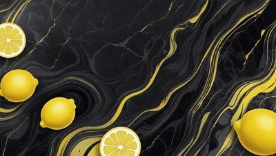 The primary subject of the image is a lemon, which is placed on a table. The setting is a black marble table, and the visual style is a photo. The dominant colors are yellow and black, creating a bold and striking atmosphere.
