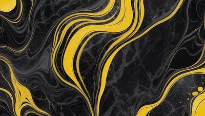 The primary subject of the image is a black and yellow swirl pattern, which is the main object, scene, or focus of the image. The setting or background features a marble surface, which adds to the visual style of the image. The colors and mood of the image are predominantly black and yellow, creating a bold and striking visual effect.