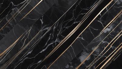 The primary subject of the image is a marble tile with a gold stripe. The setting is a black and white marble tile, which creates a contrasting and elegant appearance. The visual style is a close-up of the marble tile, showcasing its intricate design and texture. The colors and mood of the image are predominantly black and white, giving it a classic and timeless feel.
