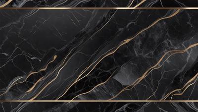 The primary subject of the image is a black and gold marble pattern. The setting is a black background, and the visual style is a close-up of the marble pattern. The colors and mood of the image are dark and sophisticated, with the gold accents adding a touch of luxury.