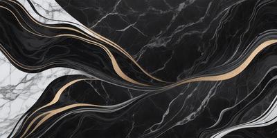 The primary subject of the image is a black marble countertop with a gold design. The setting is a kitchen, and the visual style is a combination of a photo and digital art. The countertop has a gold pattern, and the overall atmosphere is elegant and sophisticated.