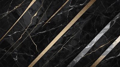 The primary subject of the image is a marble countertop with a gold and black pattern. The setting is a kitchen, and the visual style is a close-up of the countertop. The dominant colors are gold and black, creating a luxurious and elegant atmosphere.