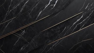 The primary subject of the image is a marble wall with a black background. The setting is a room with a black marble wall, and the visual style is a photo. The colors and mood of the image are dark and moody, with the black marble wall and gold accents creating a striking contrast.