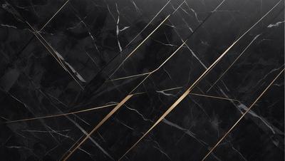 The primary subject of the image is a marble countertop with a black and gold pattern. The setting is a kitchen, and the visual style is a close-up of the countertop. The colors and mood of the image are predominantly black and gold, giving it a luxurious and elegant appearance.