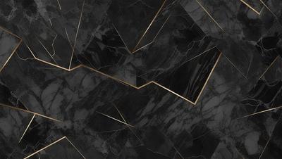 The primary subject of the image is a black and gold marble tile. The setting is a black and gold marble tile floor. The visual style is a close-up of the marble tile. The colors and mood of the image are dark and luxurious, with the gold accents adding a touch of warmth to the overall atmosphere.