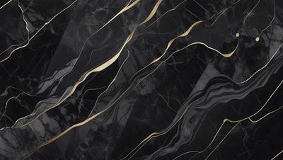 The primary subject of the image is a black and gold marble countertop. The setting is a kitchen, with the countertop being the main focus of the scene. The visual style is a close-up of the marble countertop, showcasing its intricate patterns and textures. The colors and mood of the image are predominantly black and gold, giving it a luxurious and elegant appearance.