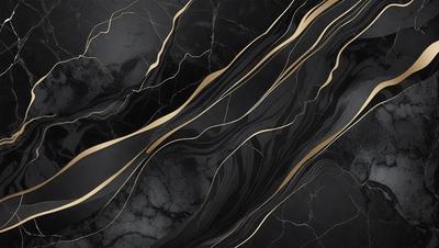 The primary subject of the image is a black and gold marble pattern. The setting is a black background, and the visual style appears to be a digital art or illustration. The dominant colors are black and gold, creating a sophisticated and elegant atmosphere.