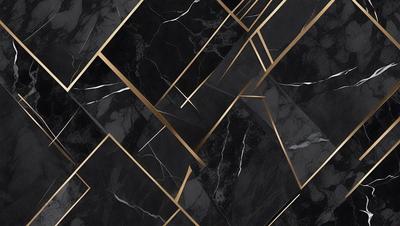 The primary subject of the image is a black and gold marble pattern. The setting is a black and white marble surface, which serves as the background. The visual style is a combination of a photo and digital art, creating a unique and intricate pattern. The colors and mood of the image are predominantly black and gold, giving it a sophisticated and elegant appearance.