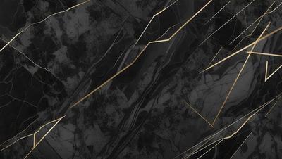 The primary subject of the image is a black and gold marble pattern. The setting is a black background, and the visual style appears to be a combination of a photo and digital art. The dominant colors are black and gold, creating a luxurious and elegant atmosphere.