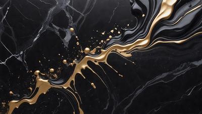 The primary subject of the image is a black marble countertop with gold drips on it. The setting is a kitchen, and the visual style is a photo. The dominant colors are black and gold, creating a luxurious and elegant atmosphere.