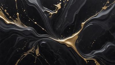 The primary subject of the image is a black marble countertop with gold drizzles on it. The setting is a kitchen, and the visual style is a close-up of the marble countertop. The colors and mood of the image are predominantly black and gold, creating a luxurious and elegant atmosphere.