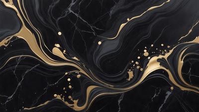 The primary subject of the image is a marble countertop with a gold-colored design. The setting is a kitchen, and the visual style is a combination of photo and digital art. The dominant colors are black, gold, and white, creating a luxurious and elegant atmosphere.