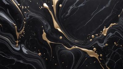 The primary subject of the image is a close-up of a black background with gold drizzles or splatters. The setting appears to be a dark room, and the visual style is a mix of a photo and digital art. The dominant colors are black and gold, creating a moody and dramatic atmosphere.