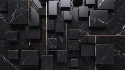 The primary subject of the image is a black and gold marble wall. The setting is a black and gold marble wall with a pattern of black and gold squares. The visual style is a close-up of the marble wall, showcasing the intricate pattern of the squares. The colors and mood of the image are predominantly black and gold, giving it a luxurious and elegant appearance.