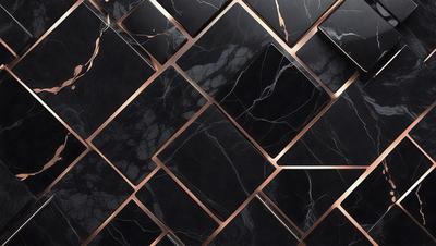 The primary subject of the image is a black and gold marble tile pattern. The setting is a black and gold marble tile wall, which serves as the background. The visual style is a close-up of the marble tile pattern, showcasing the intricate details of the design. The colors and mood of the image are predominantly black and gold, giving it a luxurious and elegant appearance.