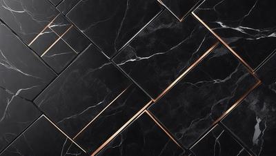 The primary subject of the image is a black and gold marble tile pattern. The setting is a black and gold marble tile wall, which serves as the background. The visual style is a close-up of the marble tile pattern, showcasing the intricate details of the design. The colors and mood of the image are predominantly black and gold, giving it a luxurious and elegant appearance.