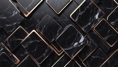 The primary subject of the image is a collection of cell phones. There are nine cell phones in total, arranged in a visually appealing manner. The setting is a black and gold marble surface, which serves as the backdrop for the cell phones. The visual style of the image is a combination of photo and digital art, creating a unique and eye-catching display. The colors and mood of the image are predominantly black and gold, giving it a luxurious and sophisticated appearance.