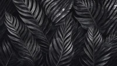 The primary subject of the image is a close-up of a large, dark green leaf. The leaf is the main focus of the image, and it appears to be a natural, textured surface. The setting is a black and white background, which adds a dramatic and artistic touch to the image. The visual style is a close-up, which emphasizes the intricate details of the leaf. The colors and mood of the image are predominantly dark and moody, with the green leaf standing out against the black and