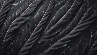 The primary subject of the image is a close-up of a black and white feather. The setting is a black background, which emphasizes the feather's texture and pattern. The visual style is a photo, capturing the intricate details of the feather. The colors and mood of the image are predominantly black and white, creating a dramatic and elegant atmosphere.