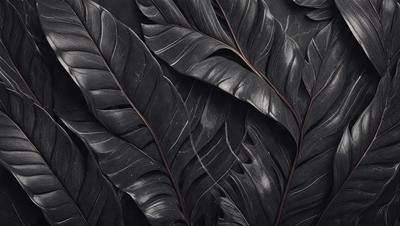 The primary subject of the image is a close-up of a large, dark leaf. The setting is a black background, which emphasizes the leaf's texture and details. The visual style is a black and white photo, giving the image a classic and timeless appearance. The dominant colors are black and white, creating a moody and dramatic atmosphere.