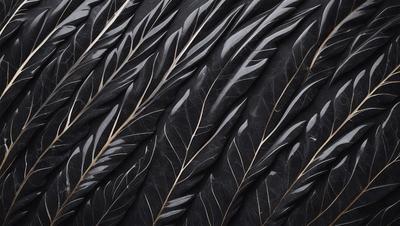 The primary subject of the image is a close-up of a leaf pattern, which is displayed on a black background. The leaf pattern is a combination of black and brown colors, creating a visually striking and textured appearance. The setting or background is a black surface, which contrasts with the leaf pattern, drawing attention to the intricate details of the design. The visual style of the image is a close-up of the leaf pattern, emphasizing its texture and complexity. The overall atmosphere of the image is one of elegance and s