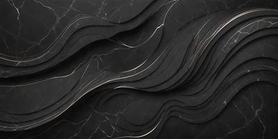 The primary subject of the image is a black marble wall with a pattern of gold swirls. The setting is a room with a black marble floor. The visual style is a close-up of the marble wall, showcasing the intricate design of the gold swirls. The colors and mood of the image are dark and elegant, with the gold swirls adding a touch of sophistication and luxury.