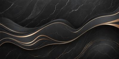 The primary subject of the image is a black and gold marble pattern. The setting is a black background, and the visual style appears to be a digital art or illustration. The dominant colors are black and gold, creating a sophisticated and elegant atmosphere.
