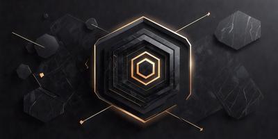 The primary subject of the image is a geometric pattern, which is a black and gold design. The setting is a black background, and the visual style appears to be a digital art or illustration. The dominant colors are black and gold, creating a sophisticated and elegant atmosphere.