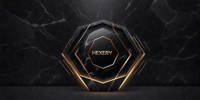 The primary subject of the image is a hexagonal logo, which is displayed on a black and gold background. The logo is made up of hexagons, and the gold and black colors create a visually striking contrast. The setting is a black and gold marble surface, which adds to the sophistication and elegance of the logo. The visual style of the image is a combination of digital art and illustration, creating a modern and professional appearance. The colors and mood of the image are bold and luxurious,