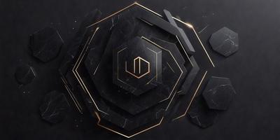 The primary subject of the image is a gold and black geometric pattern. The setting is a black background, and the visual style is a digital art or illustration. The dominant colors are gold and black, creating a sophisticated and elegant atmosphere.
