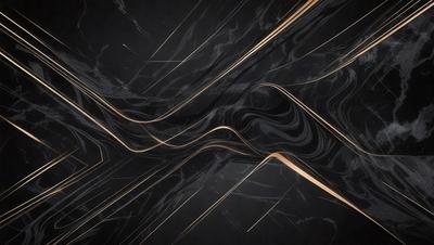 The primary subject of the image is a black and gold patterned marble surface. The setting is a dark room, and the visual style is a combination of a photo and digital art. The dominant colors are black and gold, creating a luxurious and elegant atmosphere.