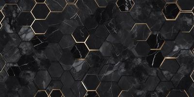 The primary subject of the image is a black and gold marble tile pattern. The setting is a black and gold marble tile wall, which serves as the background. The visual style is a close-up of the marble tile pattern, showcasing the intricate design. The colors and mood of the image are predominantly black and gold, giving it a luxurious and elegant appearance.
