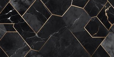 The primary subject of the image is a black and gold marble tile floor. The setting is a room with a black and gold marble wall, which complements the floor. The visual style is a close-up of the floor, showcasing the intricate patterns and textures of the marble. The colors and mood of the image are elegant and sophisticated, with the black and gold marble creating a luxurious and timeless atmosphere.