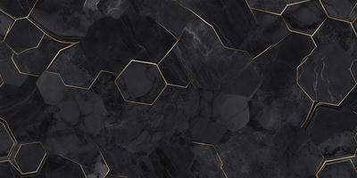 The primary subject of the image is a black and gold marble pattern. The setting is a black marble surface, and the visual style is a close-up of the marble pattern. The colors and mood of the image are dark and sophisticated, with the gold accents adding a touch of luxury.
